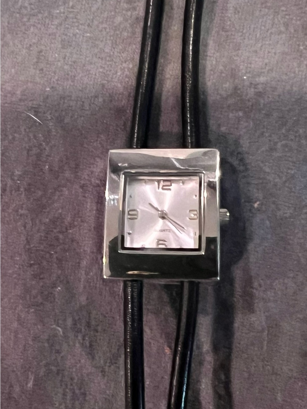 Silver Square Watch with Black Double Leather Straps